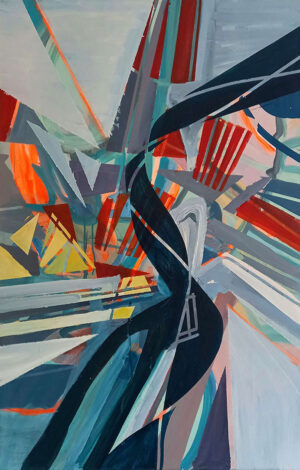 This artwork Swinging Structure by Beata Kozlowska is an abstract composition featuring geometric shapes and vibrant colours that create a sense of movement and dynamism. The title conveys the concept of fluidity and flexibility in form or structure. Acrylic on canvas 90x60 cm 2023