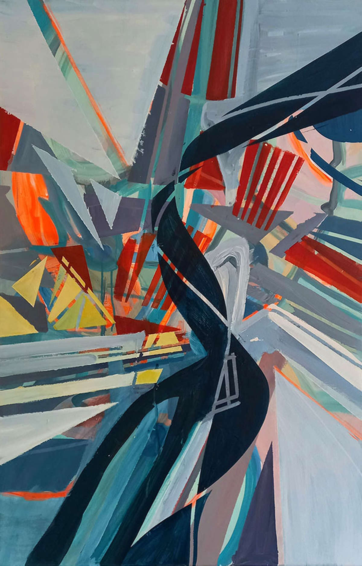 This artwork Swinging Structure by Beata Kozlowska is an abstract composition featuring geometric shapes and vibrant colours that create a sense of movement and dynamism. The title conveys the concept of fluidity and flexibility in form or structure. Acrylic on canvas 90x60 cm 2023