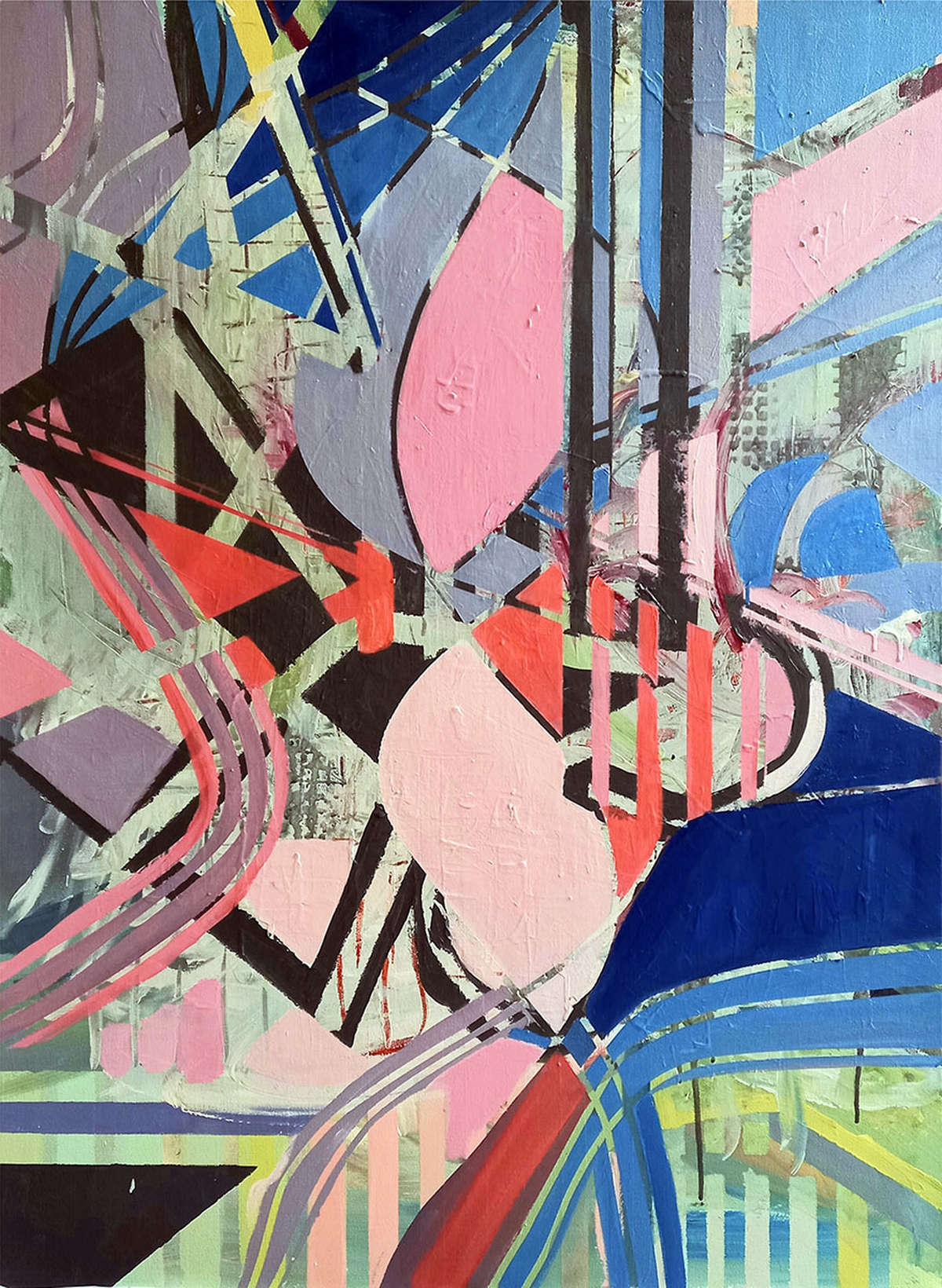 This artwork Untitled with pink by Beata Kozlowska presents an abstract composition in which geometric shapes and lines are arranged to create a sense of movement and chaos. The palette is dominated by shades of blue and pink, with hints of red and black adding contrast. Acrylic on canvas 102x 76cm 2023