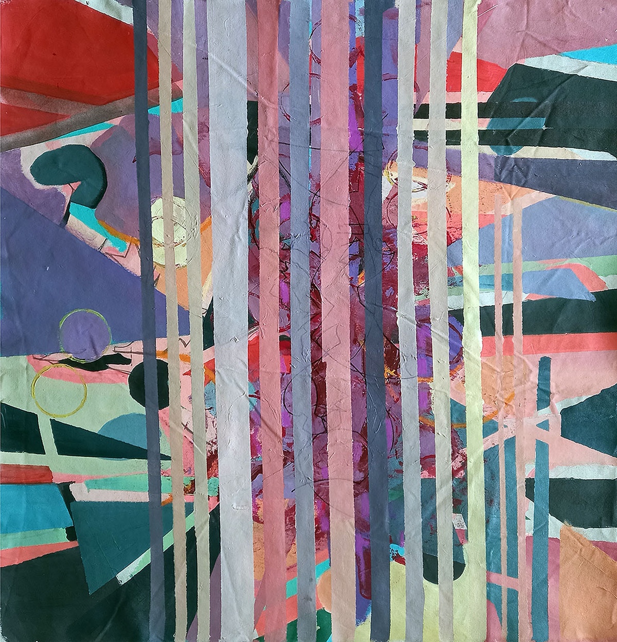This artwork "Coming Together" by Beata Kozlowska showcases a vibrant and colorful abstract composition with vertical lines in various shades of the rainbow and reds. The art seems to represent unity and diversity, as each line could symbolize a different aspect or person coming together. Acrylic, marker and oil pastel on unstretched canvas 94x 97 cm 2022