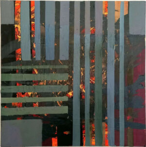 This artwork "Higher orchestration" by Beata Kozlowska presents an abstract, geometric composition. Dominated by dark colours and rectangular shapes, the image features diagonal lines that create a sense of movement and rhythm. The artist's use of contrasting colours adds depth to the piece. Acrylic and mixed media on canvas 50x50cm 2019-2023