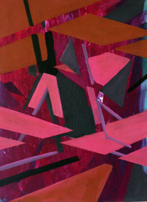 This artwork, "All the way Love" by Beata Kozlowska, features an abstract expression of vibrant reds and deep blacks. The art style is modern with a focus on colour and form. The red elements could symbolize passion or emotion, while the black shapes might represent voids or contrasting emotions. Acrylic on canvas 61x46 cm 2022