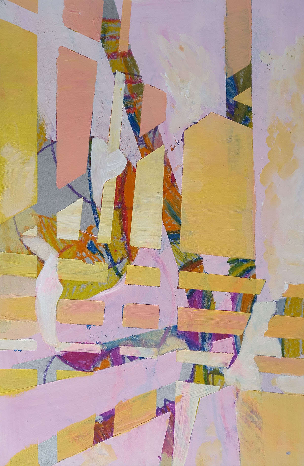 This artwork, "Keeping Up" by Beata Kozlowska, presents an abstract composition with geometric shapes in a palette of pinks, oranges, and yellows. It seems to be a part of a larger series as suggested by the visible borders around it. The meaning could be interpreted as a visual representation of patterns and structures, possibly reflecting the artist's personal journey or exploration of colour and form. Acrylic and pastel on board 45x30 cm 2021