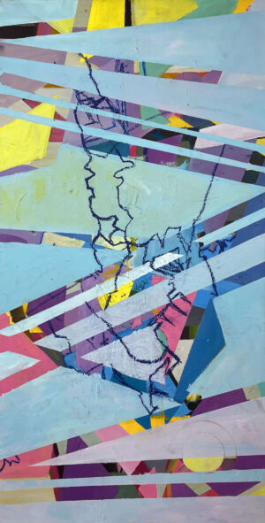 This artwork "Crossover" by Beata Kozlowska features a vibrant collage of various elements, including the artist's signature in the bottom right corner. The colourful composition seems to explore themes of identity and creativity, as indicated by the use of overlapping patterns and shapes. Acrylic and oil pastel on canvas 92x46 cm 2021