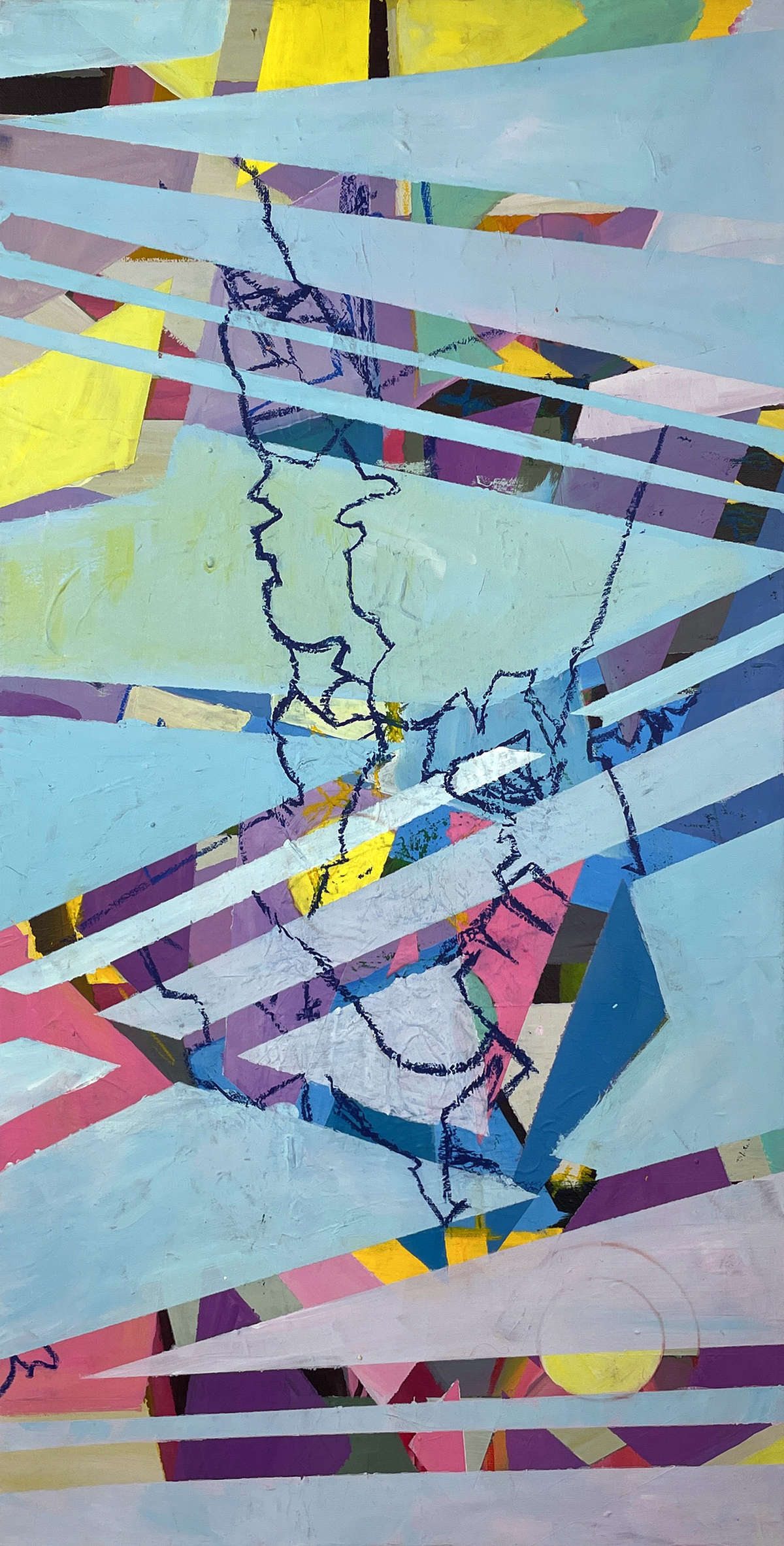 This artwork "Crossover" by Beata Kozlowska features a vibrant collage of various elements, including the artist's signature in the bottom right corner. The colourful composition seems to explore themes of identity and creativity, as indicated by the use of overlapping patterns and shapes. Acrylic and oil pastel on canvas 92x46 cm 2021