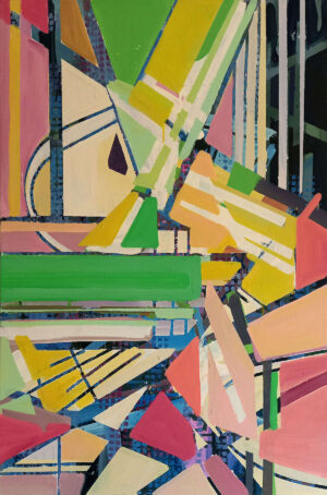 This artwork "Readjusting Forms" by Beata Kozlowska depicts an abstract composition featuring various geometric shapes in a colourful palette. The shapes overlap and intersect, creating a sense of movement and fluidity. The art style leans towards modernism, with its emphasis on line and form. Acrylic on canvas 90x60 cm 2023