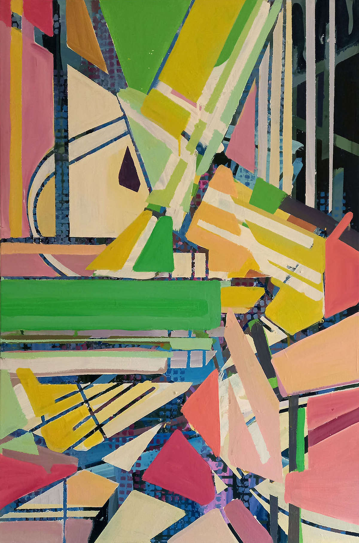 This artwork "Readjusting Forms" by Beata Kozlowska depicts an abstract composition featuring various geometric shapes in a colourful palette. The shapes overlap and intersect, creating a sense of movement and fluidity. The art style leans towards modernism, with its emphasis on line and form. Acrylic on canvas 90x60 cm 2023