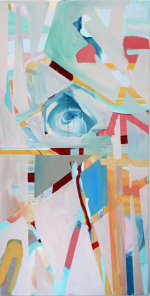 This artwork is titled "Vortex with redness" by Beata Kozlowska. It depicts a colourful, abstract composition featuring bold lines, shapes, and splashes of red against a multicoloured backdrop, creating a sense of movement and energy. Acrylic on Canvas 101.5x50.5 cm 2020