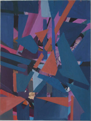 This artwork Untitled with Magenta by Beata Kozlowska features an abstract composition of geometric shapes in a palette dominated by reds, blues, purples, and hints of other colours. The pieces appear to overlap and intersect, creating a sense of depth and movement. Acrylic, collage and marker on canvas 61x48 cm 2021