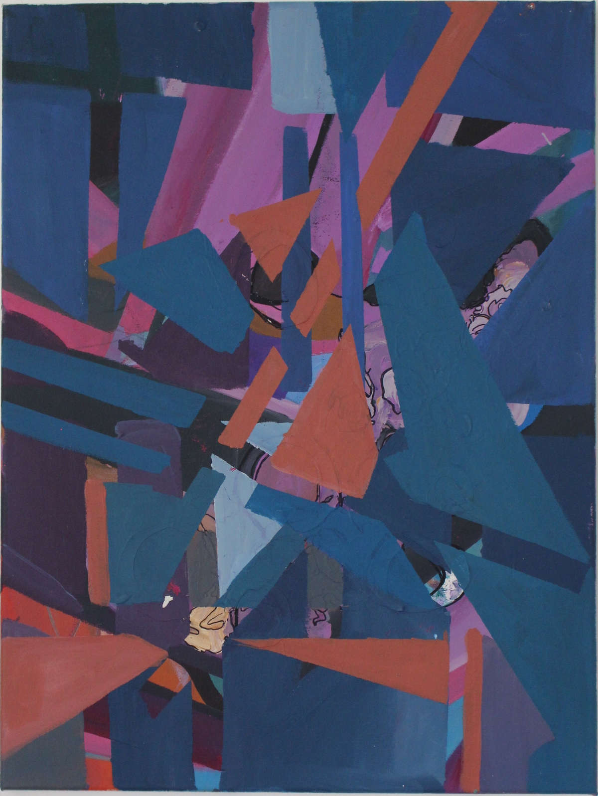 This artwork Untitled with Magenta by Beata Kozlowska features an abstract composition of geometric shapes in a palette dominated by reds, blues, purples, and hints of other colours. The pieces appear to overlap and intersect, creating a sense of depth and movement. Acrylic, collage and marker on canvas 61x48 cm 2021