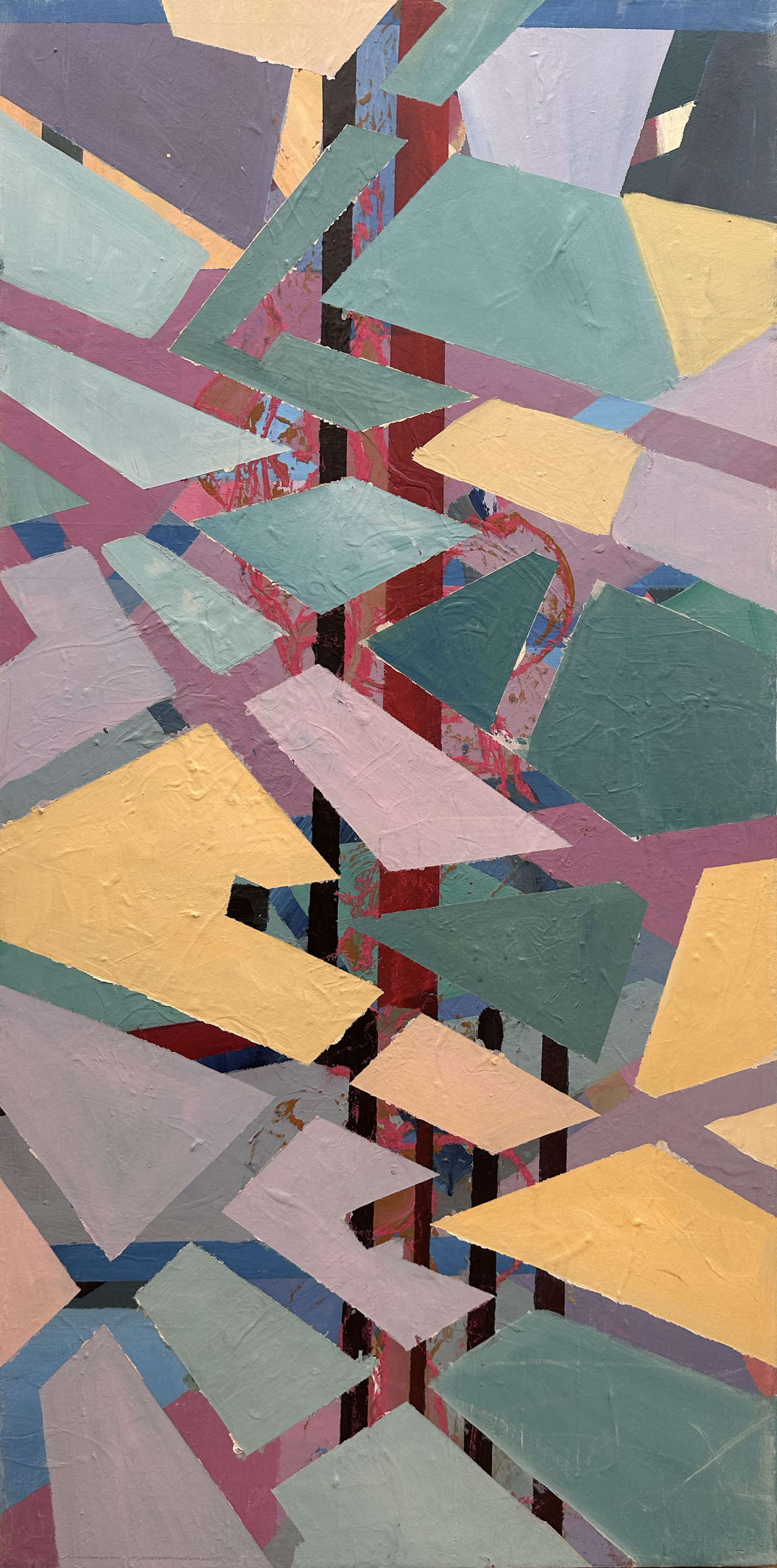 This artwork Untitled with Black by Beata Kozlowska is an abstract expressionist painting featuring geometric shapes in a variety of colours. The use of black as the base colour lends a sense of depth and contrast to the piece. Acrylic and oil pastel on canvas 92x46 cm 2022