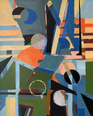 This artwork Untitled by Beata Kozlowska is an abstract piece featuring a chaotic array of geometric shapes, colours, and lines. It appears to be created with various artistic mediums, possibly paint or collage. The overall composition has a playful and eclectic feel, reminiscent of the work of Salvador Dali or Yayoi Kusama. Acrylic on canvas 61x41 cm 2024