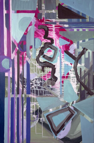 This artwork "Desire for More" by Beata Kozlowska features an abstract collage of geometric shapes in shades of blue and purple with red accents. The title suggests a desire for something more than what is currently available or visible. Acrylic on canvas 90x60 cm 2023