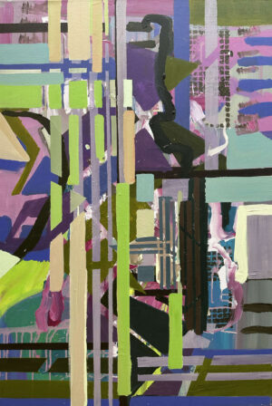 This artwork "Structural Shifting" by Beata Kozlowska presents an abstract composition featuring geometric shapes in varying colours. The art style seems to be influenced by cubism and surrealism, with a focus on spatial illusion and fragmentation. Acrylic on Canvas 90x60 cm 2023