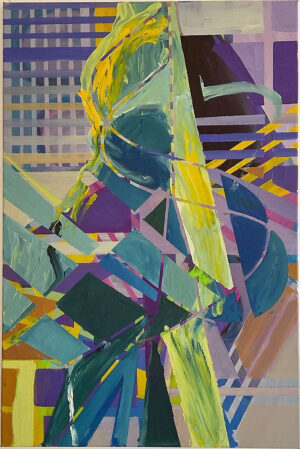 This artwork Truly You by Beata Kozlowska is an abstract expressionist painting. The artist uses a colourful palette of yellows, blues, purples, and reds to create geometric shapes that overlap and intersect with one another. There's a sense of movement and energy in the piece, which could represent the complexities of human emotion or self-reflection. Acrylic on canvas 90x60 cm 2023