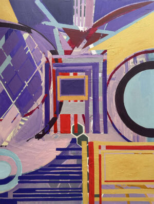 This artwork "Free Falling" by Beata Kozlowska features an abstract space scene with vibrant colours and dynamic patterns, creating a sense of movement and otherworldly exploration. The art style is reminiscent of cyberpunk or futuristic science fiction, blending geometric shapes and lines in a way that suggests advanced technology and the limitless possibilities of space travel. The composition uses a palette dominated by blues, purples, reds, and yellows to evoke feelings of wonder and adventure, while the circular and rectangular elements add structure and balance to the piece. Acrylic on Canvas 102x76 cm 2024