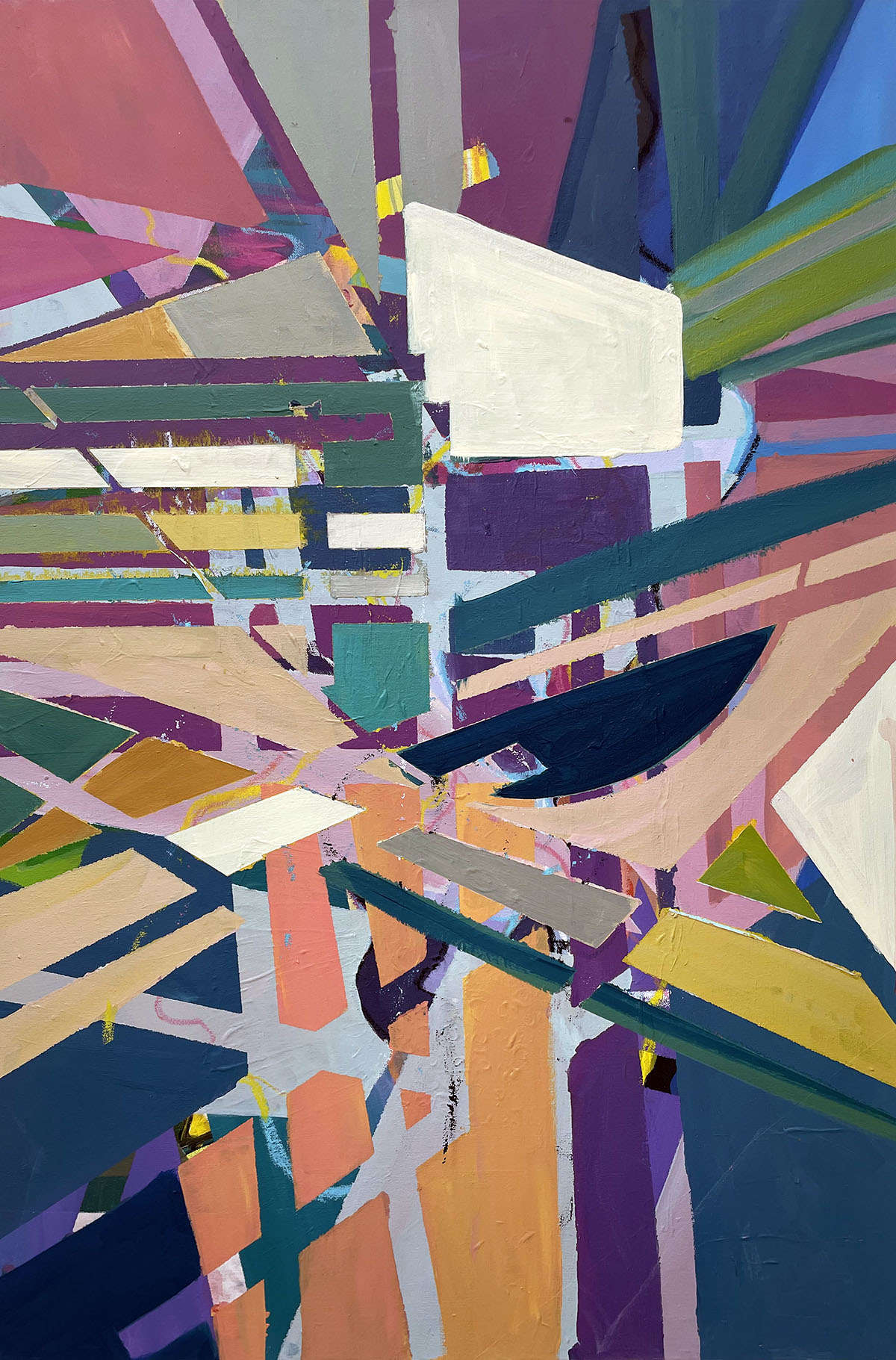 This artwork "Hidden Gem" by Beata Kozlowska appears to be an abstract expressionistic piece that uses geometric shapes in bold colours to create a sense of depth and movement. The composition seems to invite the viewer to explore its layers and find their own meaning. Acrylic on canvas 91x61 cm 2023