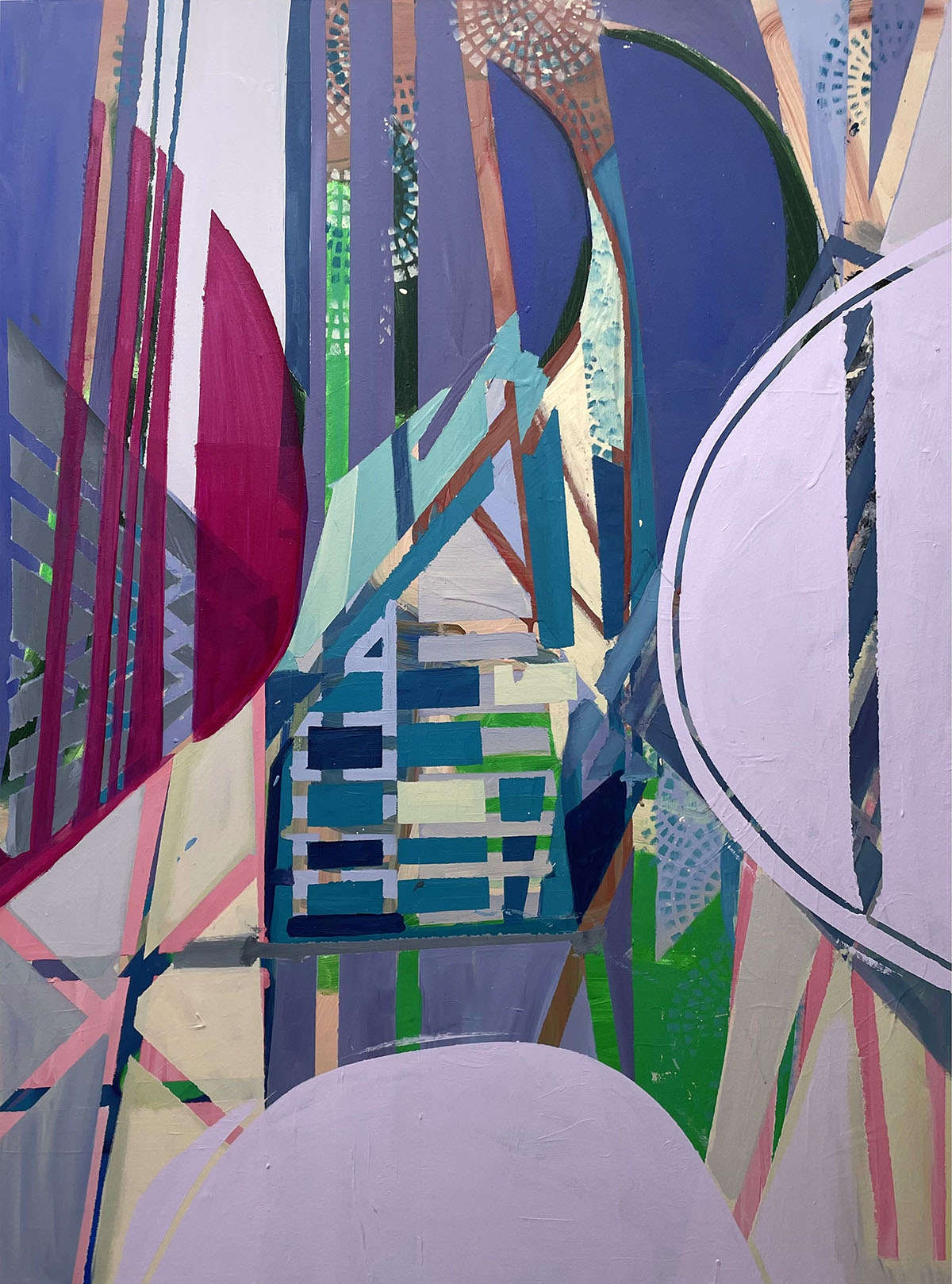 This artwork "Irreplaceable" by Beata Kozlowska depicts an abstract composition filled with colourful geometric shapes and lines, creating a sense of depth and complexity. The artist's use of bold colours and dynamic lines adds energy to the piece. Acrylic on canvas 102x76 cm 2024