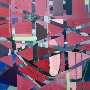 This artwork, "Come Paint My World" by Beata Kozlowska, presents an abstract composition of geometric shapes and lines. The colour palette is dominated by shades of red, blue, and green, creating a sense of depth and dimension. The overall impression is one of complexity and intrigue, inviting the viewer to engage with the piece on their own terms. Acrylic on Canvas 60x60 cm 2023