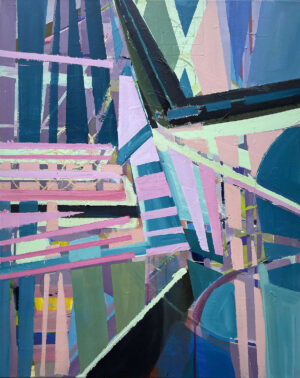 This artwork, Elusive Path, is a captivating abstract expressionist piece. The artist, Beata Kozlowska, has skillfully used colour blocks and geometric shapes to create an intriguing visual narrative. Dominating the center of the painting are brightly coloured rectangles that seem to float in space, creating a sense of depth and movement. These colours are punctuated by cooler tones at the edges, framing the vibrant blocks like a picture within a frame. Acrylic on canvas 75x61 cm 2023