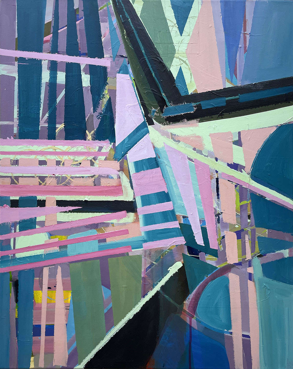 This artwork, Elusive Path, is a captivating abstract expressionist piece. The artist, Beata Kozlowska, has skillfully used colour blocks and geometric shapes to create an intriguing visual narrative. Dominating the center of the painting are brightly coloured rectangles that seem to float in space, creating a sense of depth and movement. These colours are punctuated by cooler tones at the edges, framing the vibrant blocks like a picture within a frame. Acrylic on canvas 75x61 cm 2023