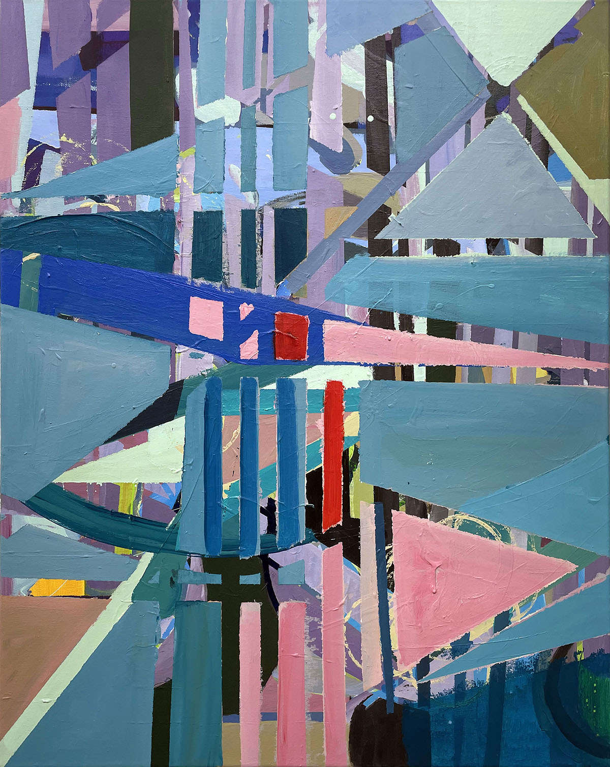 This artwork Evening Illumination by Beata Kozlowska is a colourful abstract piece featuring various geometric shapes in shades of blue, pink, green, and purple. The arrangement creates an intricate, dreamlike pattern that invites the viewer to explore its depth and detail. Acrylic on canvas 75x60 cm 2023