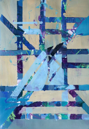 This artwork Little Prayer by Beata Kozlowska features an abstract composition of geometric shapes in bold colours, primarily blue, purple, and white, with a mix of lighter hues. The image has a textured, almost collage-like quality, with some areas appearing to have a grunge or weathered effect. Acrylic on board 42x28 cm 2024