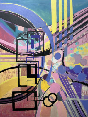 This artwork Love Beyond Measure by Beata Kozlowska features an abstract design with geometric shapes and vibrant colours. The pieces are interconnected, creating a sense of unity or connection, possibly symbolizing a complex emotional state or love transcending space and time. Acrylic on canvas 122x92 cm 2024