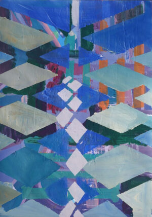This artwork "Newly Found" by Beata Kozlowska features an abstract pattern composed of geometric shapes in vibrant colours. The use of blue, purple, and orange creates a lively and energetic composition that draws the eye across the canvas. The patterns appear to be floating on a dark background, creating a sense of depth and movement. Acrylic on paper 42x27.9 cm 2023
