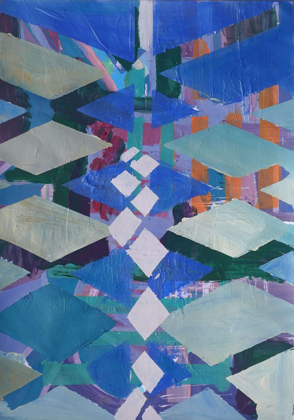 This artwork "Newly Found" by Beata Kozlowska features an abstract pattern composed of geometric shapes in vibrant colours. The use of blue, purple, and orange creates a lively and energetic composition that draws the eye across the canvas. The patterns appear to be floating on a dark background, creating a sense of depth and movement. Acrylic on paper 42x27.9 cm 2023
