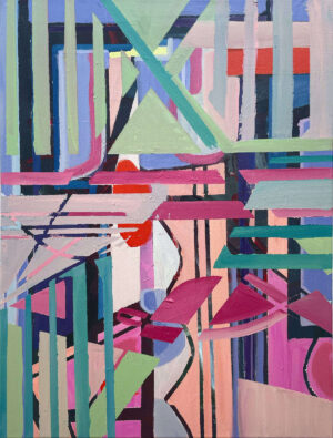 Beyond is an abstract art piece by Beata Kozlowska. The painting is vibrant and colourful, featuring geometric shapes in various hues, giving the impression of movement and energy. Acrylic on canvas 61x46 cm 2023