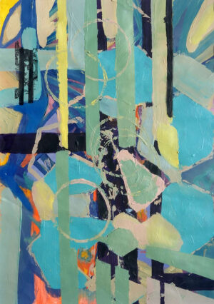 This artwork, "Circling around You" by Beata Kozlowska, depicts a vibrant abstract design featuring geometric shapes and bright colours. The circular patterns create a sense of movement and energy, while the overlapping elements suggest harmony and interconnectedness. Acrylic on Paper 42x29.7 cm 2023