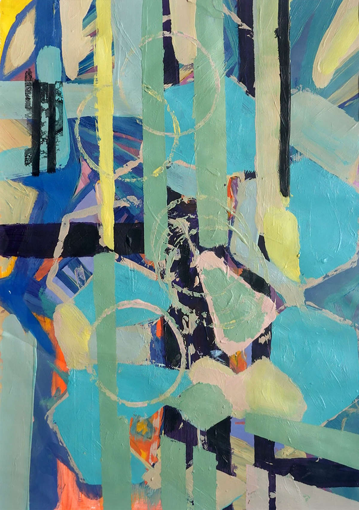 This artwork, "Circling around You" by Beata Kozlowska, depicts a vibrant abstract design featuring geometric shapes and bright colours. The circular patterns create a sense of movement and energy, while the overlapping elements suggest harmony and interconnectedness. Acrylic on Paper 42x29.7 cm 2023