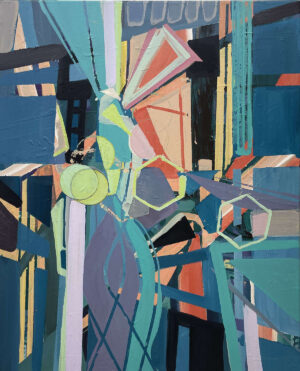This artwork, "Encounter" by Beata Kozlowska, is an abstract piece that depicts a chaotic scene featuring a figure with a large antenna and numerous other smaller antennas. The colours are a mix of blues, yellows, reds, blacks, and whites, creating a sense of movement and disarray. The figures appear to be in some sort of conflict or confrontation, possibly representing a battle between different entities or ideas. The style is reminiscent of cyberpunk aesthetics with its emphasis on technology and futuristic elements. Acrylic on canvas 75x60 cm 2023