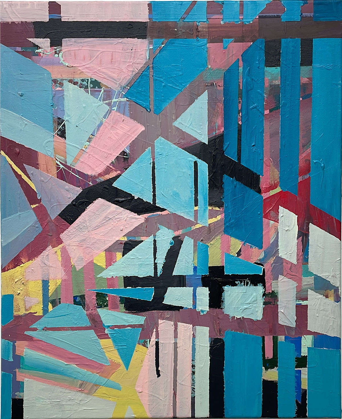 This artwork, "Sugar Plum" by Beata Kozlowska, features a vibrant, abstract composition that includes geometric shapes, splashes of colour, and a variety of lines. The style is reminiscent of post-impressionism, with its emphasis on bold colours and expressive brushwork. Acrylic on canvas 60x 50 cm 2023