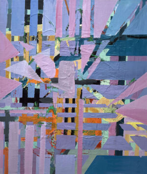 This artwork "Sweet Melody of You" by Beata Kozlowska is an abstract composition featuring vibrant colours and geometric shapes. The art style seems modern with a focus on colour theory and form. It creates an illusion of depth while remaining a flat surface. Acrylic on canvas 60x50 cm 2023