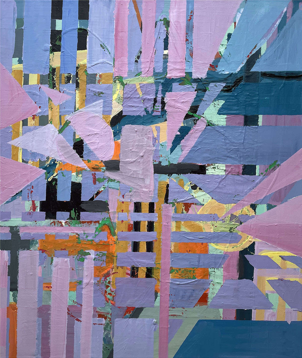 This artwork "Sweet Melody of You" by Beata Kozlowska is an abstract composition featuring vibrant colours and geometric shapes. The art style seems modern with a focus on colour theory and form. It creates an illusion of depth while remaining a flat surface. Acrylic on canvas 60x50 cm 2023