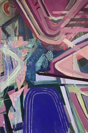 This artwork "Walls out of solid air" by Beata Kozlowska features an abstract composition of various patterns and shapes in a mix of colours. Acrylic on canvas 90x60 cm 2023