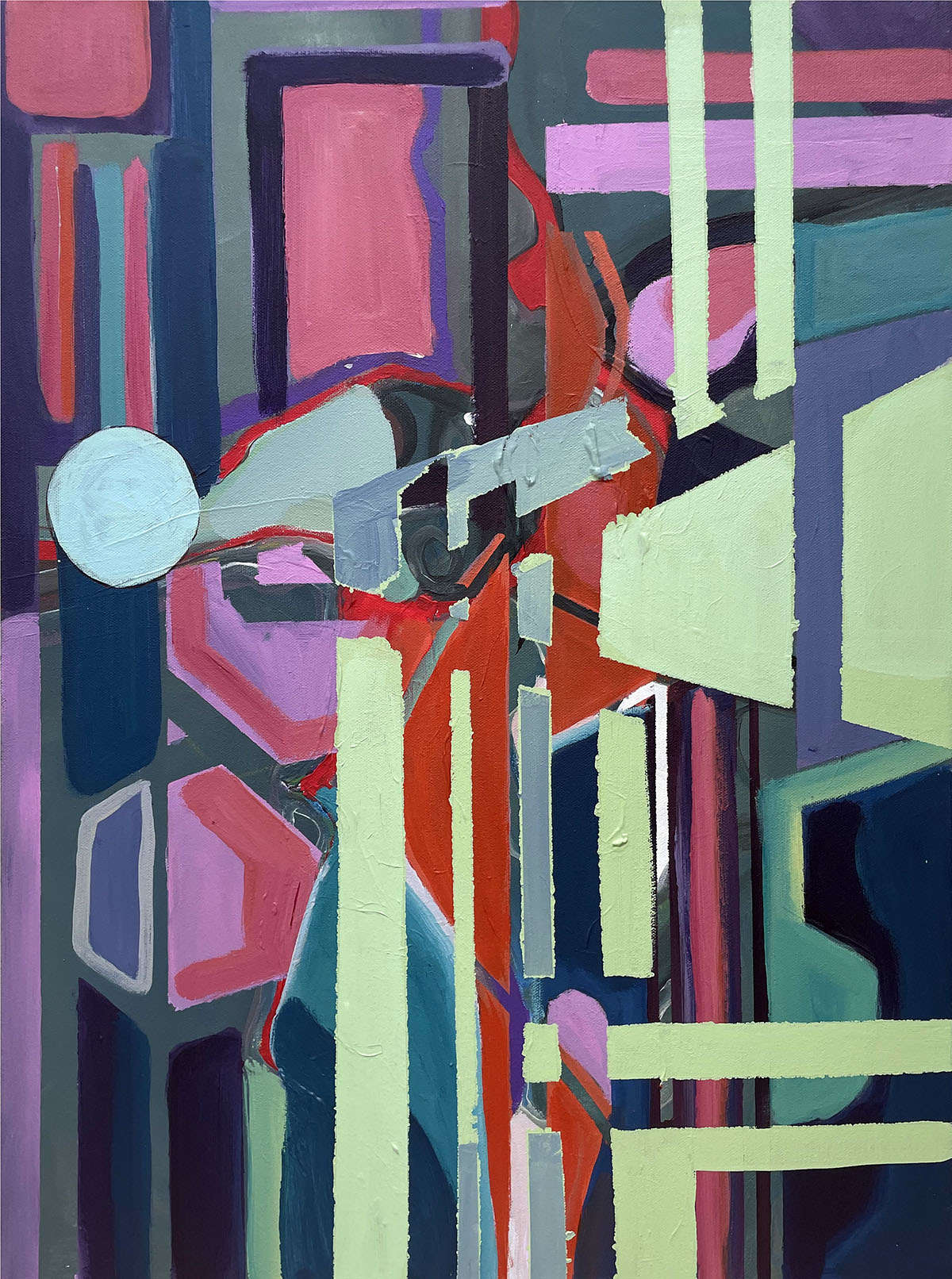 This artwork "Breathe and Enjoy" by Beata Kozlowska showcases an abstract composition of colourful shapes on a geometric background. The use of bright colours, including red, blue, and purple, creates a lively atmosphere. The overall structure suggests movement and rhythm, inviting viewers to pause, breathe, and enjoy the vibrant visual feast. Acrylic on canvas 61x46 cm 2023