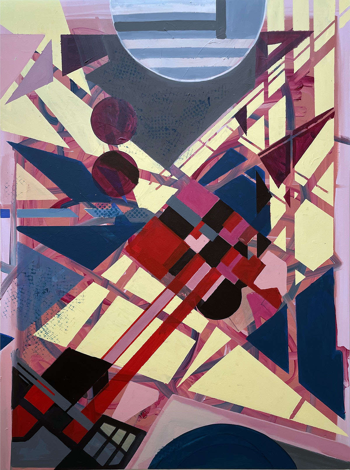 This artwork Worthwhile by Beata Kozlowska is an abstract digital piece that features geometric shapes in bold colours against a dark background. The use of vibrant hues and jagged lines creates a sense of energy and movement. Acrylic on canvas 122x91 cm 2024