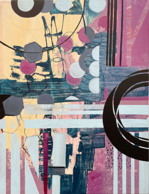 This artwork, "Let the Melody Shine" by Beata Kozlowska, is a vibrant piece featuring a colourful abstract composition with geometric shapes and patterns in shades of pink, purple, blue, and white. The image appears to be a modern art poster or print, with elements reminiscent of Op Art design principles. Acrylic on canvas 102x76 cm 2024