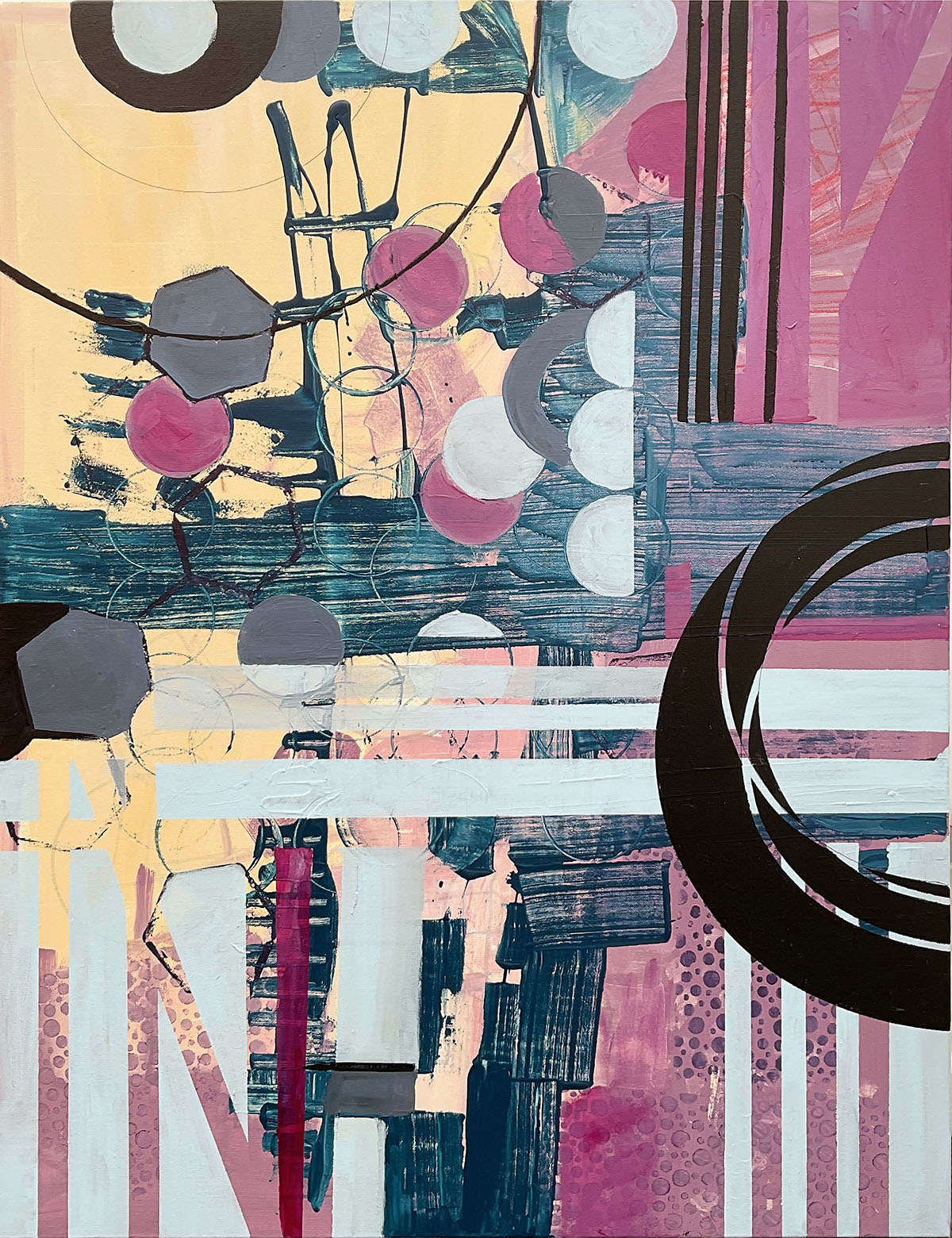 This artwork, "Let the Melody Shine" by Beata Kozlowska, is a vibrant piece featuring a colourful abstract composition with geometric shapes and patterns in shades of pink, purple, blue, and white. The image appears to be a modern art poster or print, with elements reminiscent of Op Art design principles. Acrylic on canvas 102x76 cm 2024