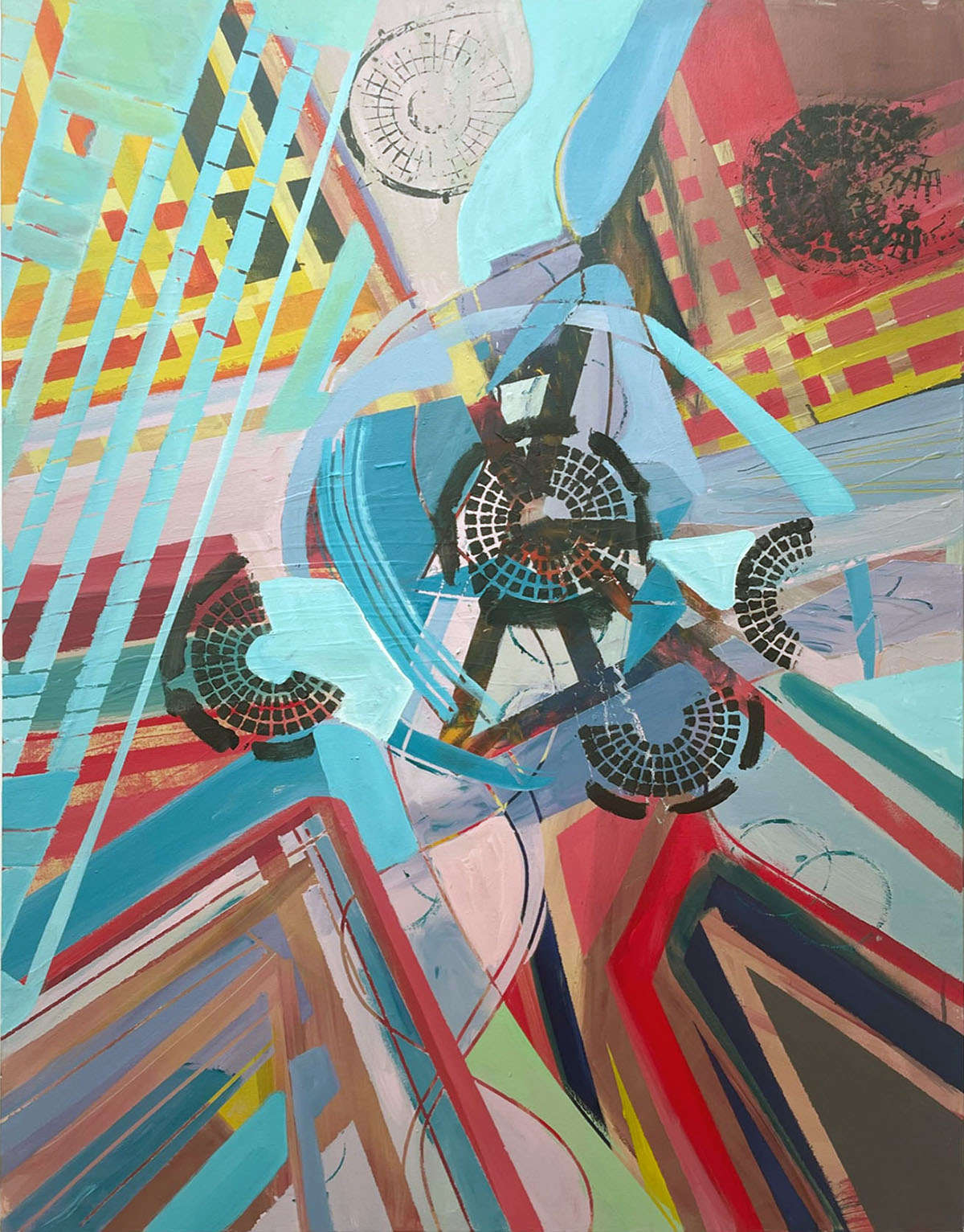 This artwork Merry Go Round by Beata Kozlowska features an abstract collage of various shapes, colours, and patterns that may represent a dream-like or surreal landscape. The use of vibrant hues creates a dynamic atmosphere, while the incorporation of mechanical elements suggests a fusion of technology with nature. Acrylic on canvas 102x76 cm 2023