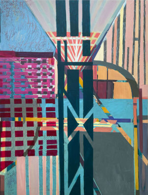 This artwork "Never Ending Story" by Beata Kozlowska features an abstract composition of geometric shapes in various colours against a dark background. The most prominent shape is a black railing that curves through the canvas, creating a sense of movement and depth. Acrylic on canvas 122x92 cm 2024