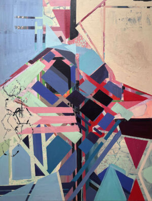 This artwork "Over the Rainbow" by Beata Kozlowska features an abstract composition with colourful geometric shapes in red, blue, and purple. The image appears to be a painting or illustration that evokes a sense of movement and rhythm through its arrangement of lines and forms. Acrylic on Canvas 122x91 cm 2024