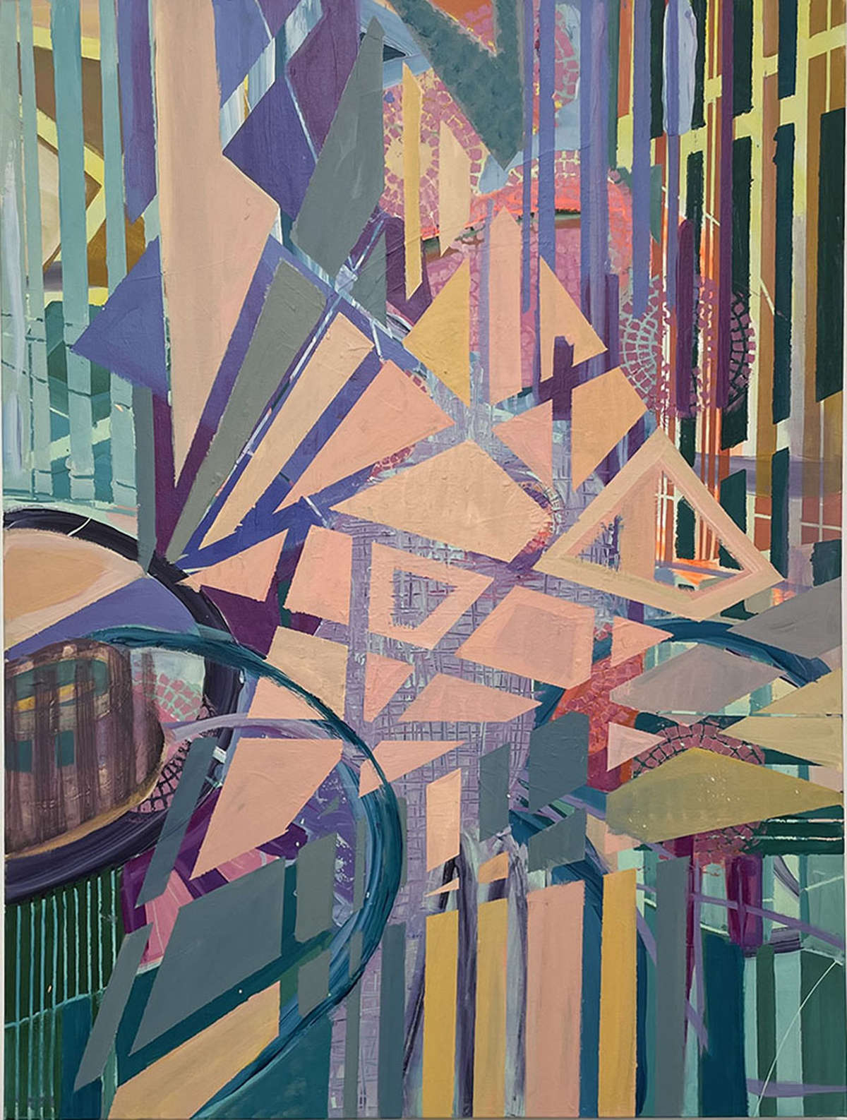 This artwork "Sensing Wondrous" by Beata Kozlowska features an abstract composition of geometric shapes and forms in a vibrant mix of colours. It captures a sense of dynamic movement and the interplay between lines and shapes. Acrylic on Canvas 102x78 cm 2023