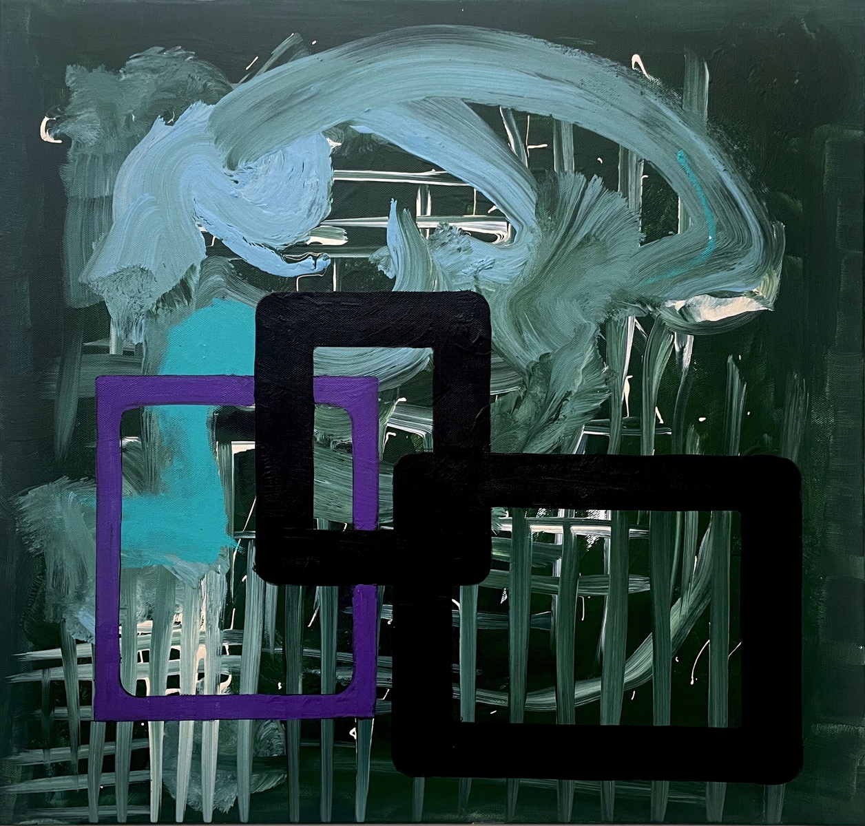 This artwork, "Time after Time" by Beata Kozlowska, presents an abstract scene featuring interconnected shapes in a dark background. The central elements are geometric forms – a cross and a rectangle, which could symbolize duality or balance. These shapes overlap and intersect, creating a sense of complexity and dynamism. In the bottom right corner, there's a splash of color with dripping paint, adding an element of motion or change to the composition. acrylic on canvas 61 x 61 cm 2025