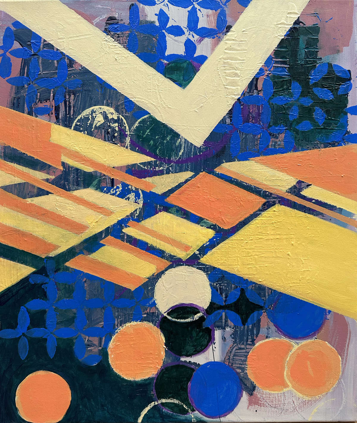 This artwork Miracle Fair by Beata Kozlowska is a vibrant display of geometric shapes in shades of blue, red, orange, and yellow against a dark background. The arrangement seems chaotic yet harmonious. Acrylic on canvas 61x51 cm 2025