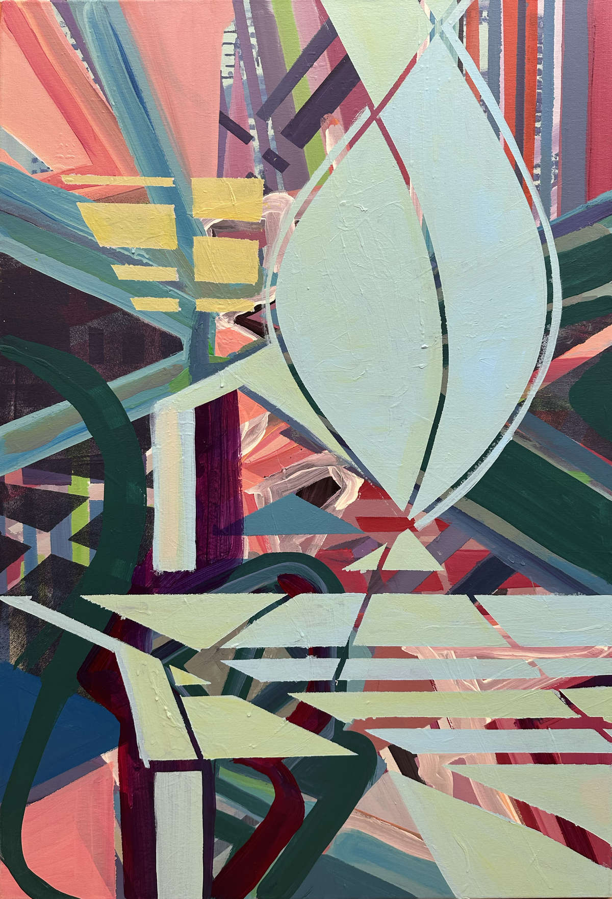 This artwork Untitled by Beata Kozlowska features a colourful abstract composition with geometric shapes and forms. The image is rich in colour contrasts, creating an optical illusion effect where the viewer's perception of the scene is altered. Acrylic on canvas 90x60 cm 2024