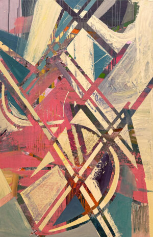 This artwork "Remembering that day" by Beata Kozlowska depicts an abstract composition featuring geometric shapes and a central line. The colours are vibrant, with pinks, blues, yellows, and greens creating a dynamic visual effect. The style suggests a fusion of traditional painting techniques with contemporary abstract expressionism. Acrylic on canvas 92x61 cm 2024